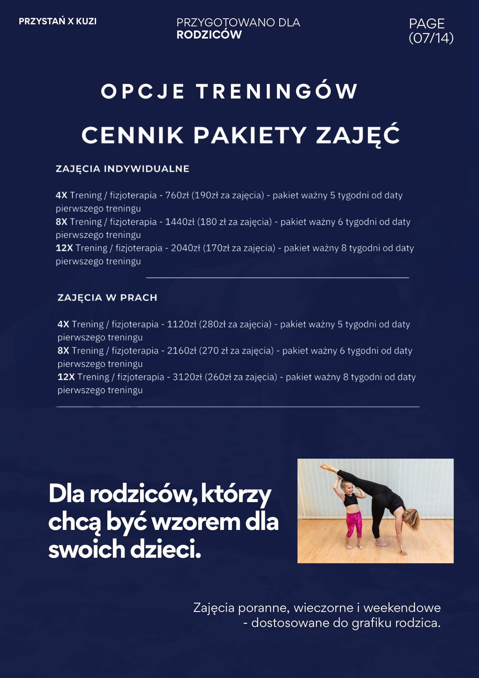 Opcje treningów - cennik pakiety zajęć